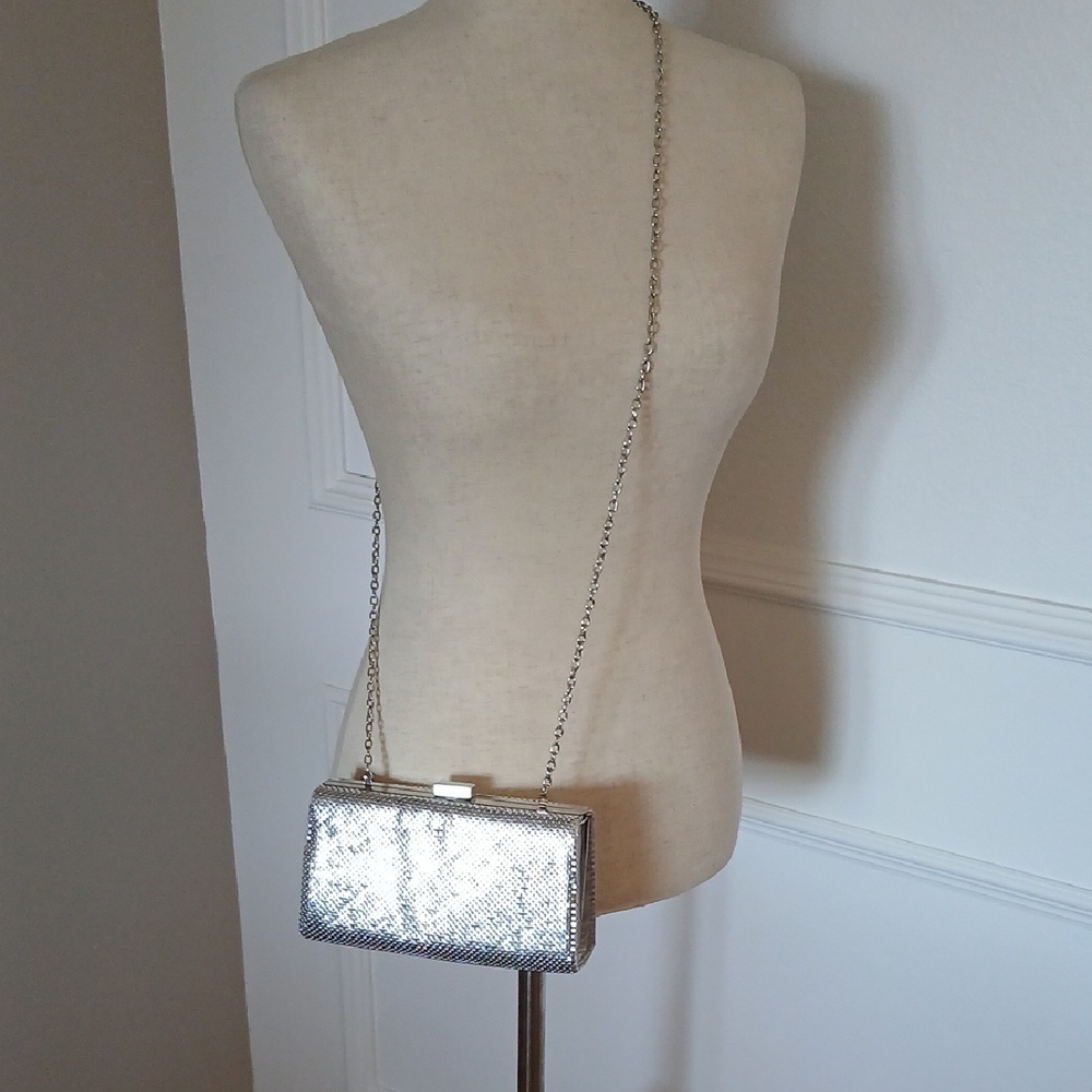 Jessica McClintock Silver Mesh Box Clutch with Chain Strap